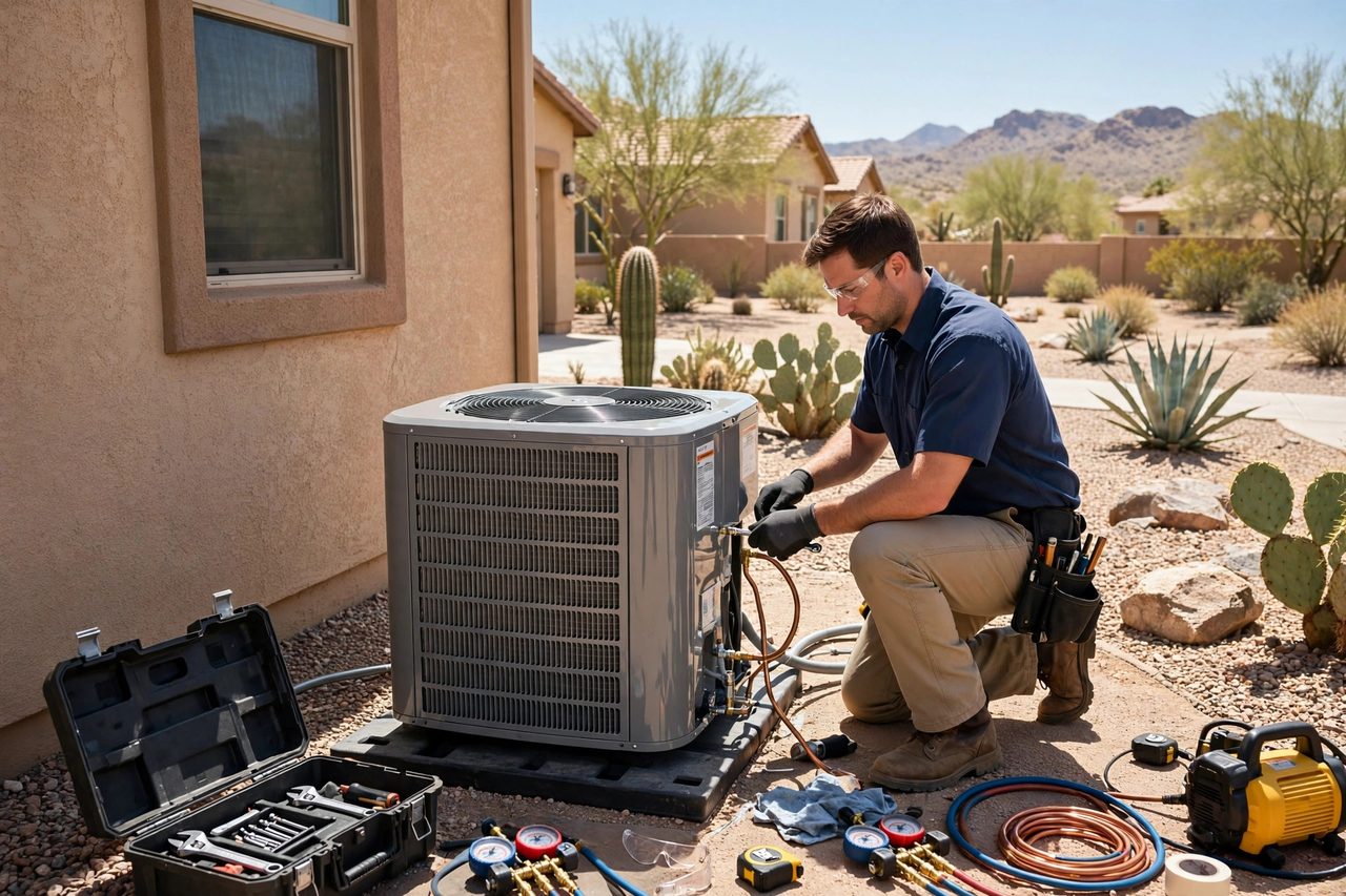 Technician installing a new outdoor air conditioner at a home