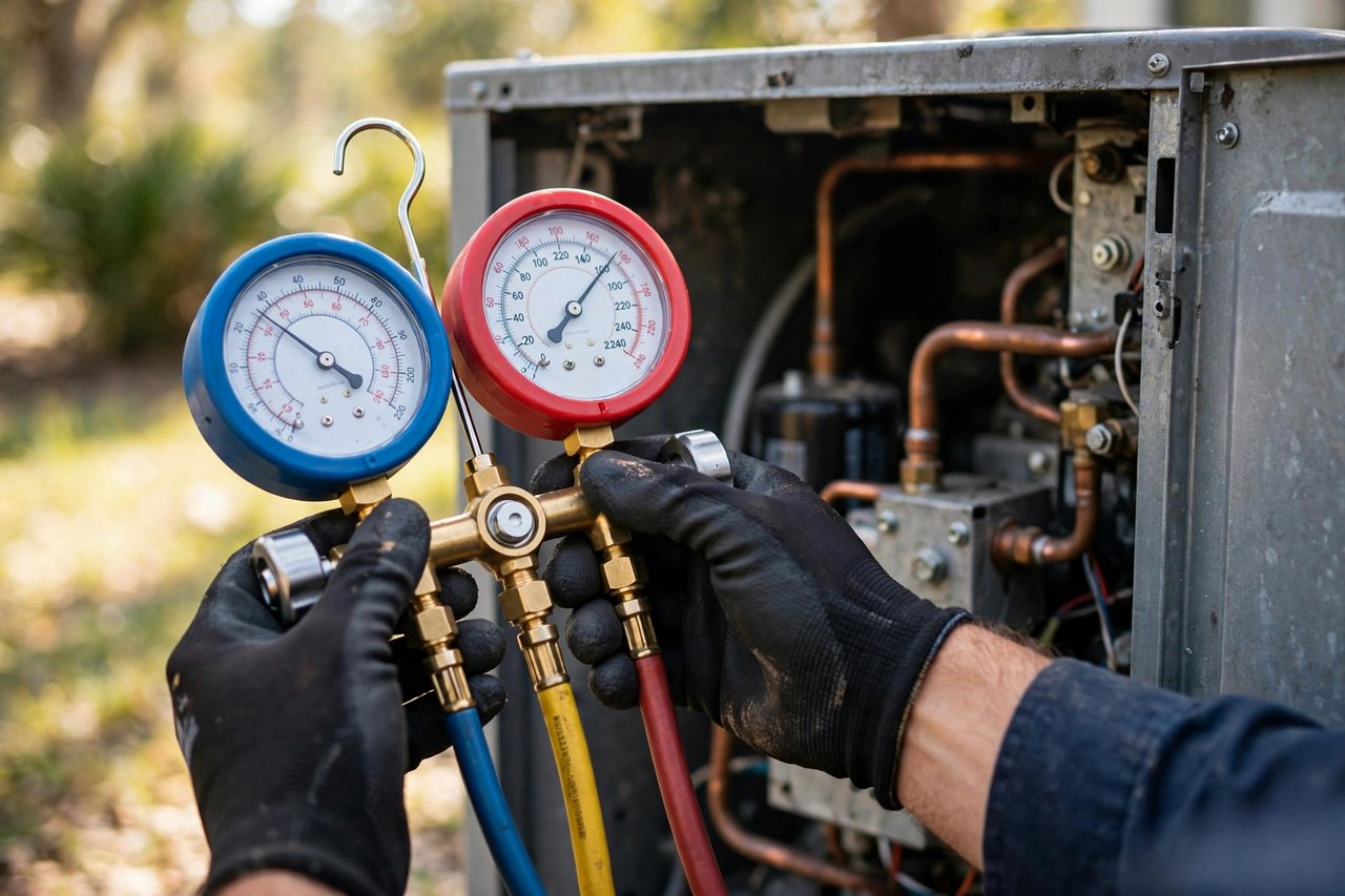 Technician checking an air conditioner with service gauges