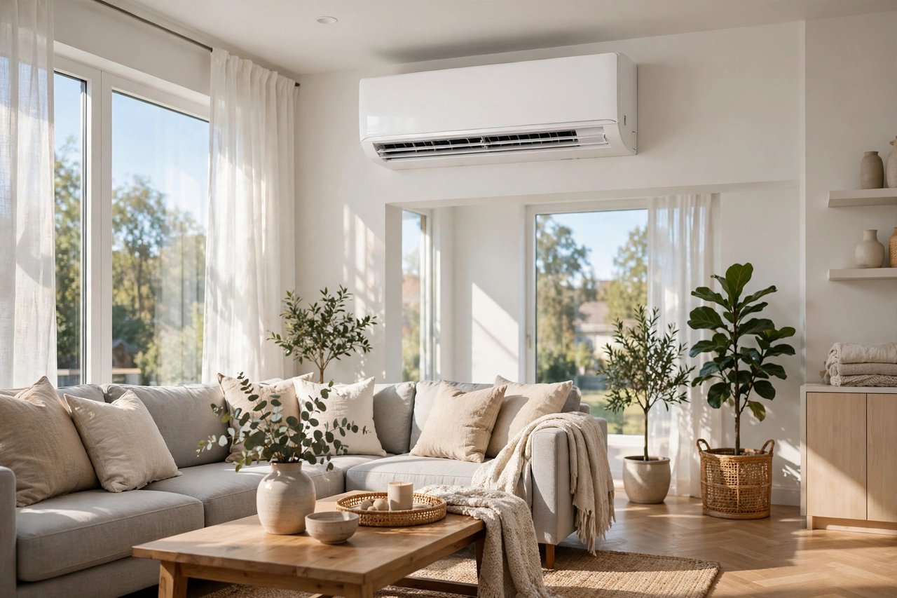 Ductless mini-split air conditioner mounted on the wall of a bright living room